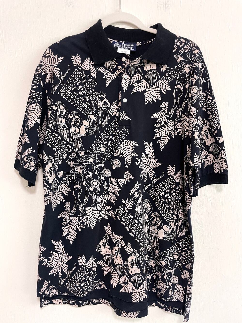 VTG Hawaiian Heritage Allan James Mens Polo Shirt M Black Hula Dancers Cotton
